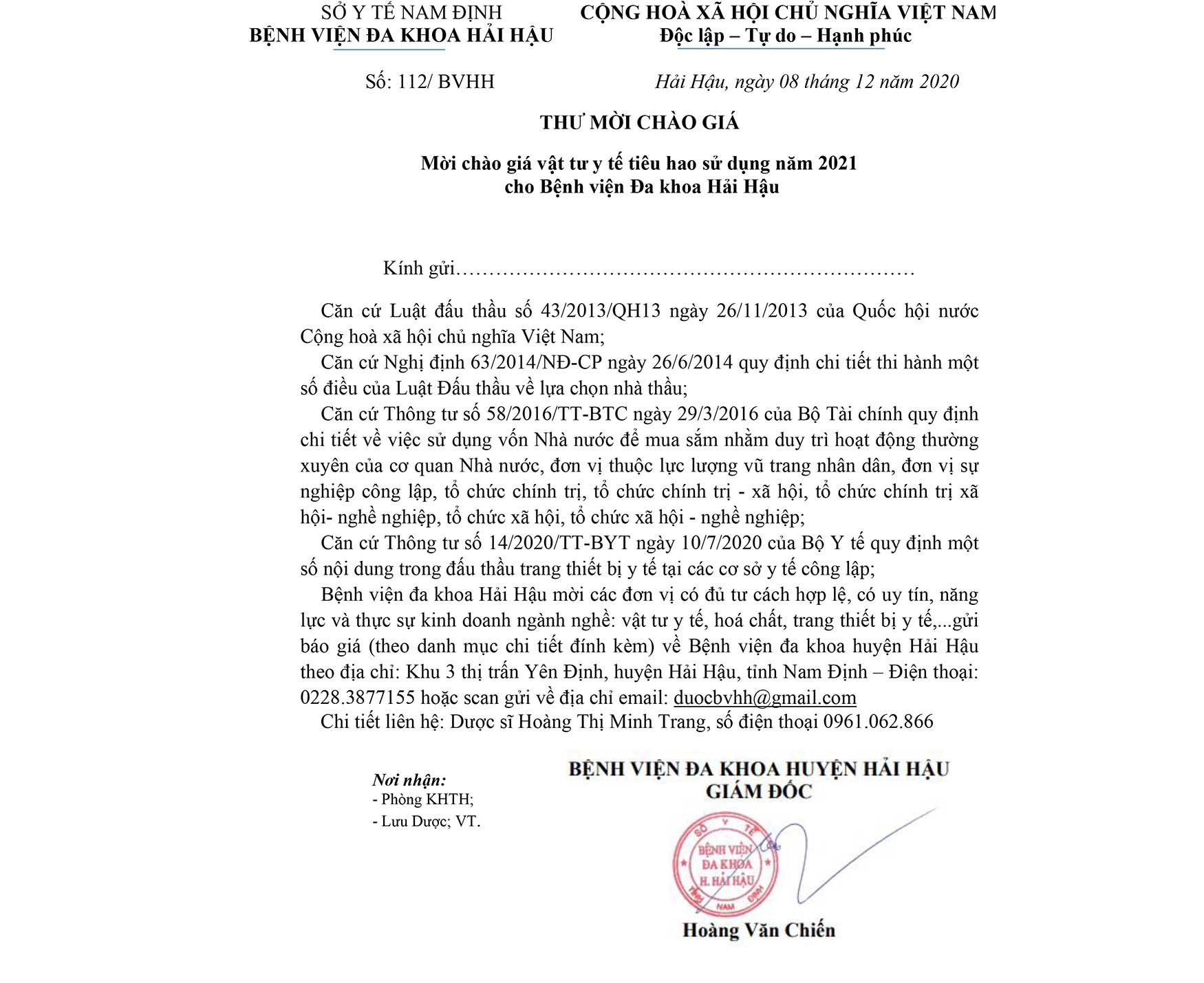 Thư mời chào giá vật tư y tế tiêu hao sử dụng năm 2021