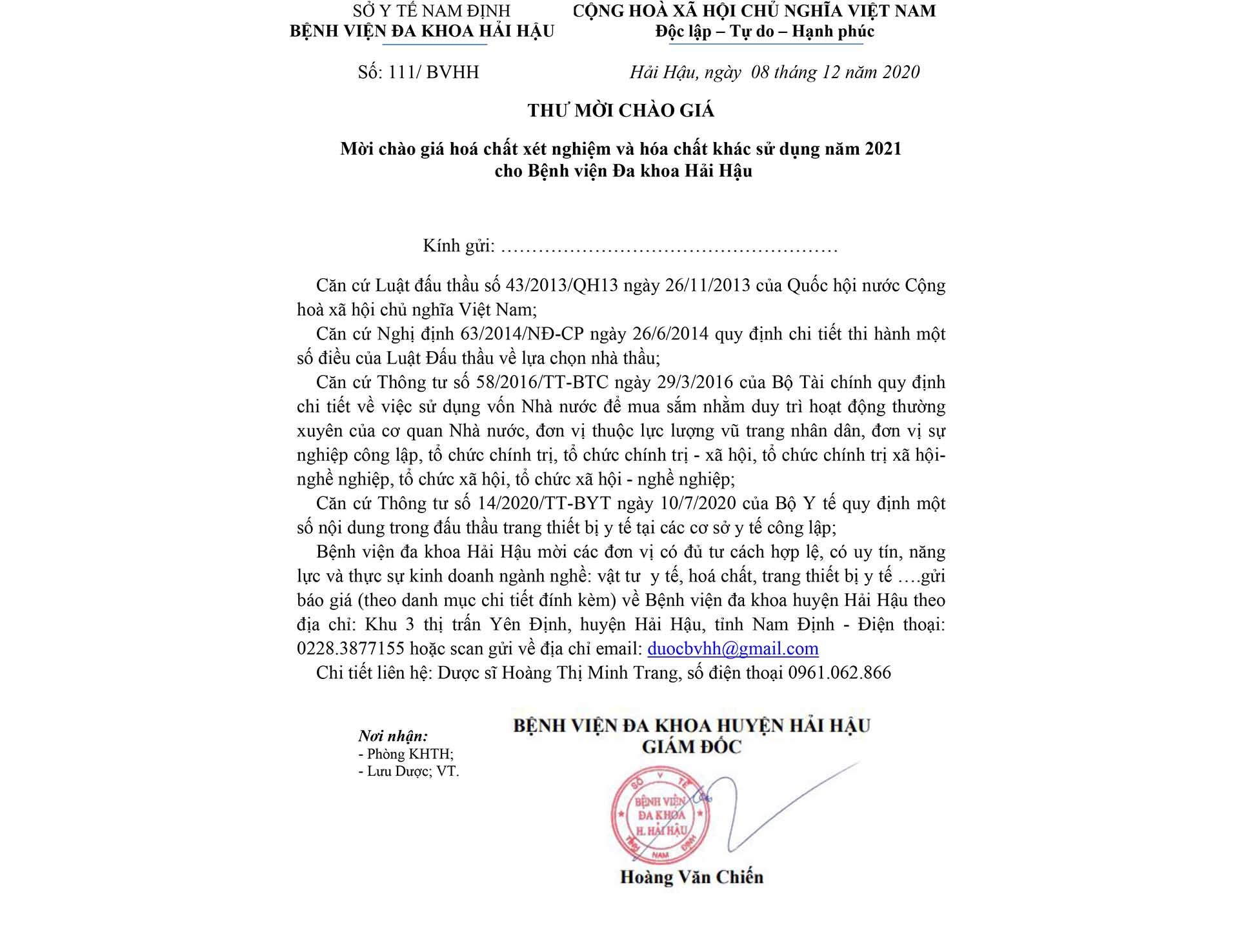 Thư mời chào giá hoá chất xét nghiệm và hóa chất khác sử dụng năm 2021